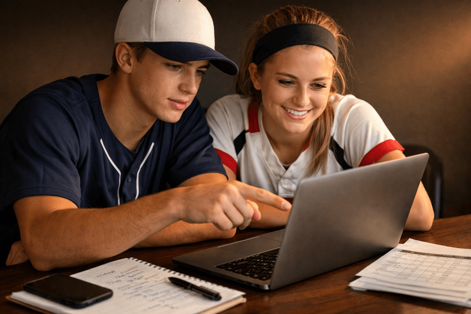 Photorealistic editorial image of a baseball athlete and a softball athlete reviewing college coach outreach together at a desk with a laptop, recruiting notes, and a schedule sheet.