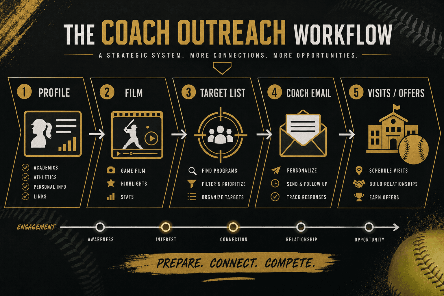 Coach outreach workflow chart showing a softball recruiting process from profile to film, target list, coach email, visits, and offers.