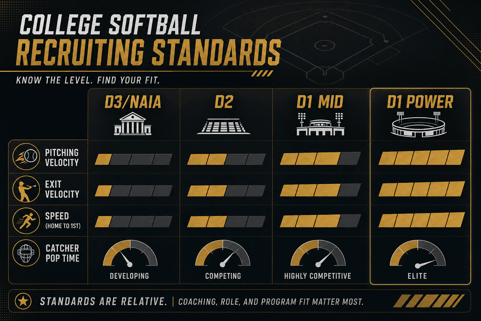 College softball recruiting standards comparison chart showing D3 and NAIA, D2, D1 mid-major, and D1 Power 4 levels across pitching velocity, exit velocity, speed, and catcher pop time.