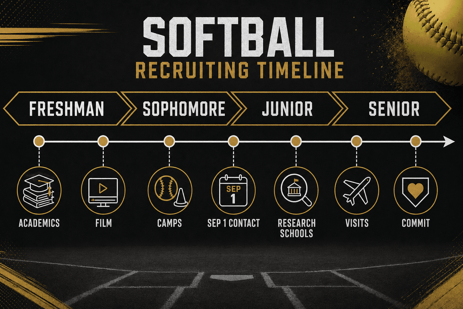 Infographic-style softball recruiting timeline showing freshman, sophomore, junior, and senior year milestones for academics, film, camps, September 1 contact, school research, visits, and commitment.