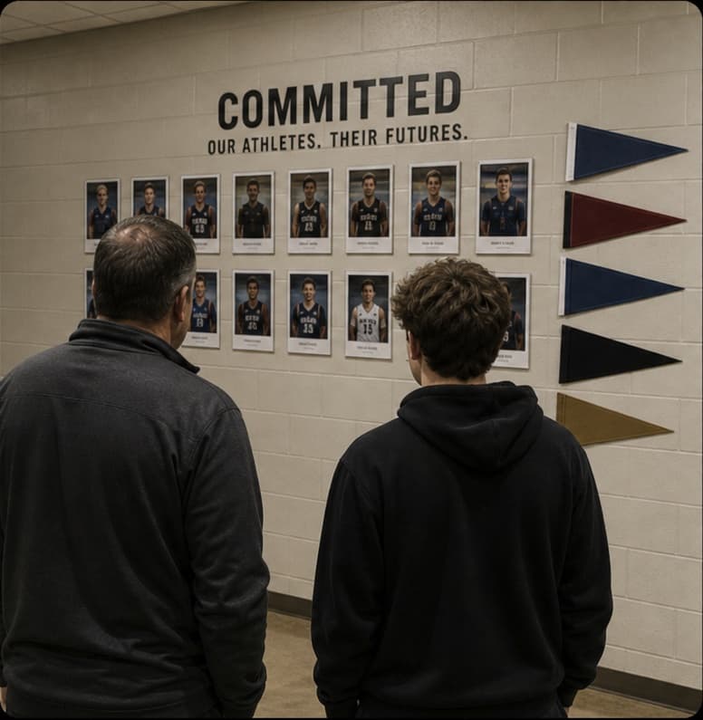 A coach and teenage athlete looking at a club commitment wall