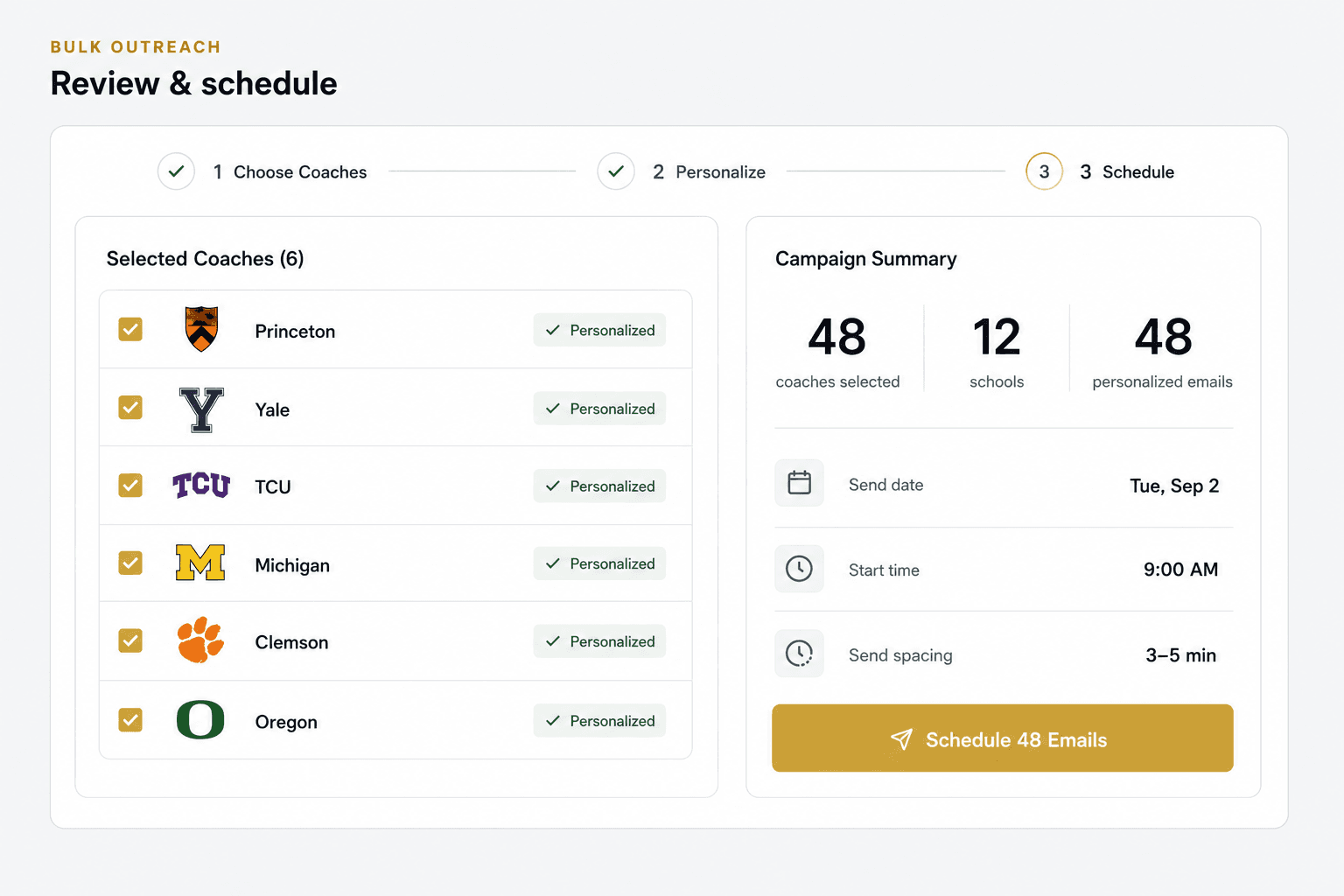 NextCommit review and schedule screen with a personalized email for each selected coach and a send time