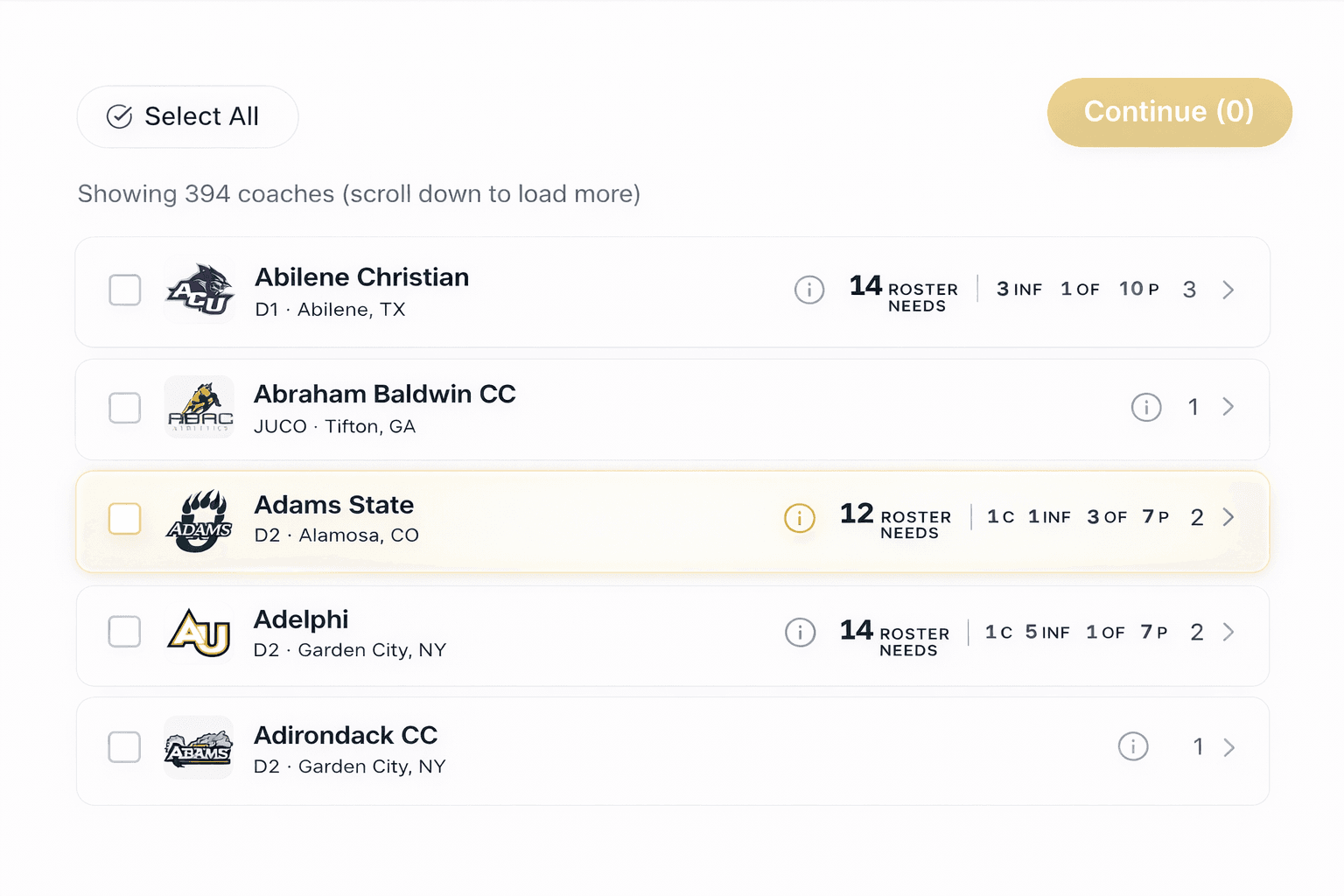 NextCommit coach list showing college programs by division with roster needs for catchers, infielders, outfielders, and pitchers