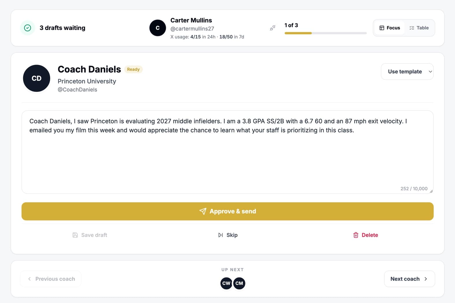 NextCommit X outreach workspace showing a personalized DM to Coach Daniels at Princeton, the athlete's X usage limits, and the Approve and send button